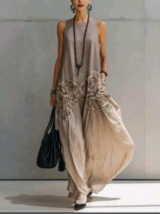 Dresses & Skirts - Sleeveless Floral Embroidered Maxi Dress in Beige